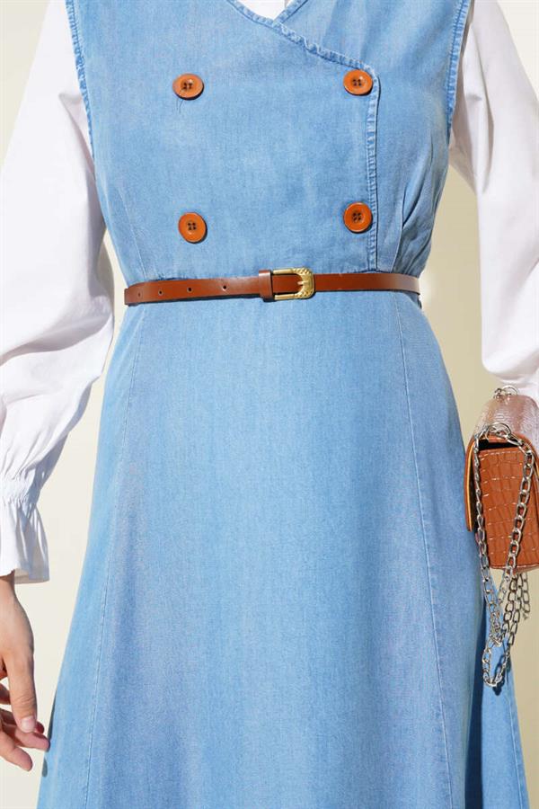 Sleeveless Dress with Wooden Buttons in Front Denim Blue