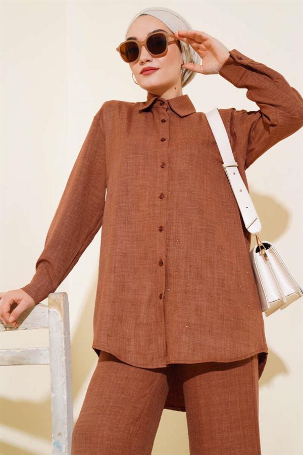 Front Stone Detailed Tunic 2 Piece Set Brown