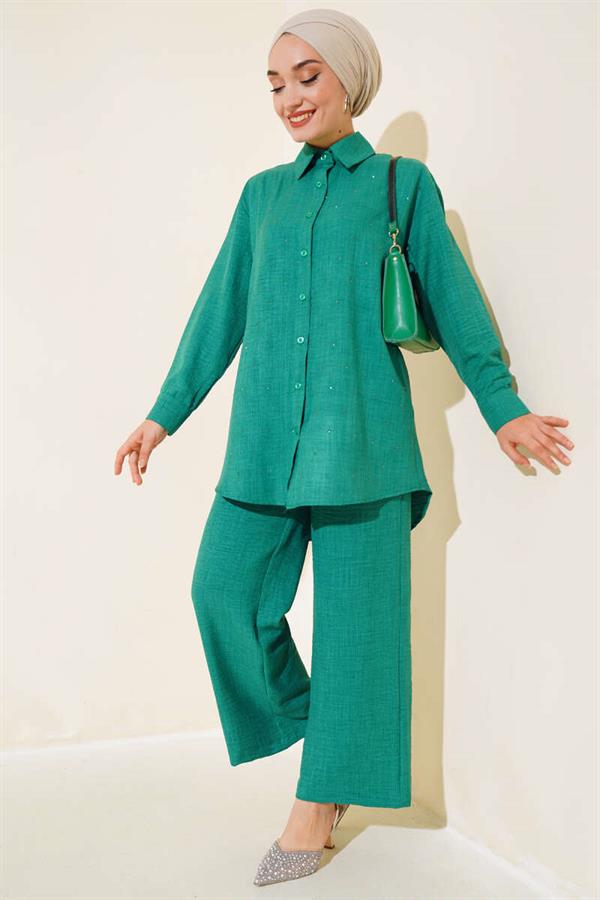 Front Stone Detailed Tunic 2 Piece Set Green