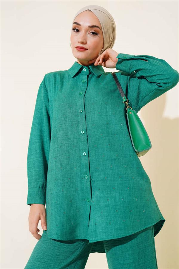 Front Stone Detailed Tunic 2 Piece Set Green