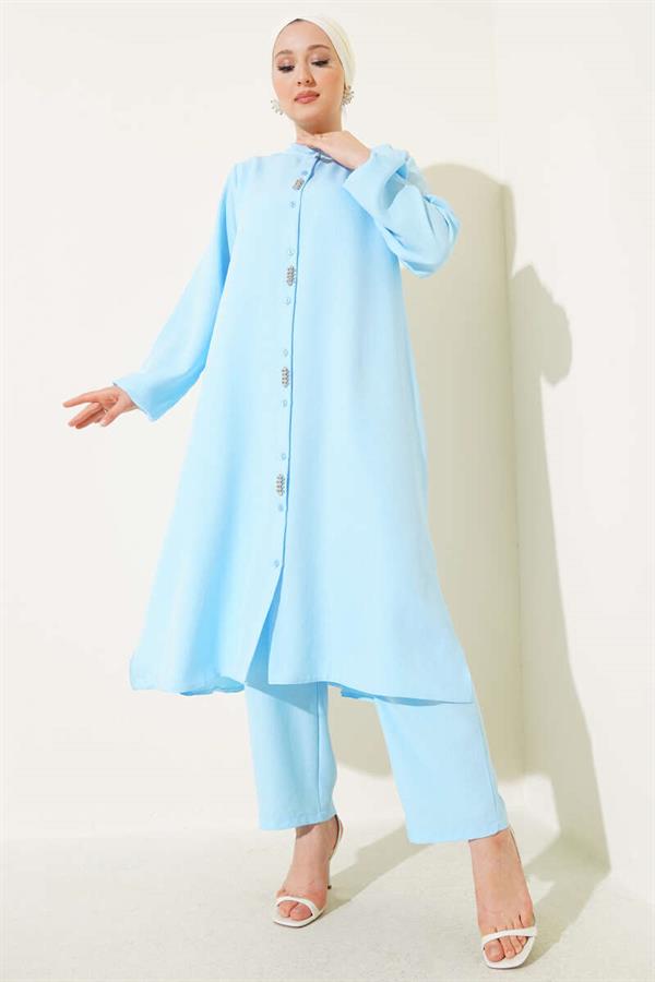 Long Tunic 2 Piece Set with Stone Detail on the Front Baby Blue