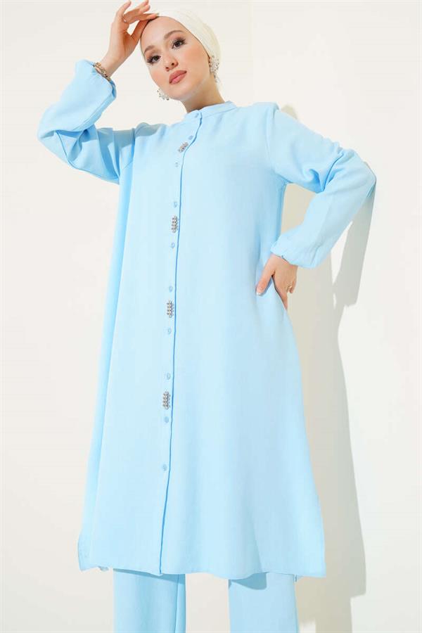 Long Tunic 2 Piece Set with Stone Detail on the Front Baby Blue