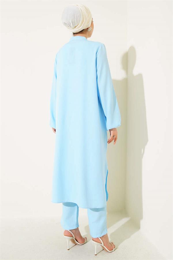 Long Tunic 2 Piece Set with Stone Detail on the Front Baby Blue