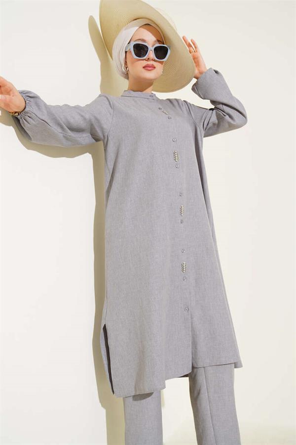 Long Tunic 2 Piece Set Gray with Stone Detail on the Front