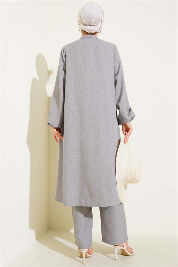 Long Tunic 2 Piece Set Gray with Stone Detail on the Front