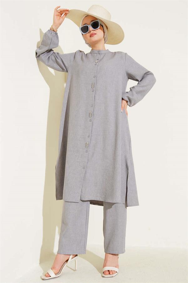 Long Tunic 2 Piece Set Gray with Stone Detail on the Front