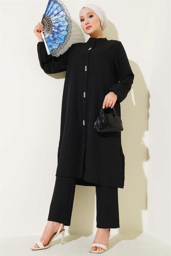 Long Tunic 2 Piece Set Black with Stone Detail on the Front