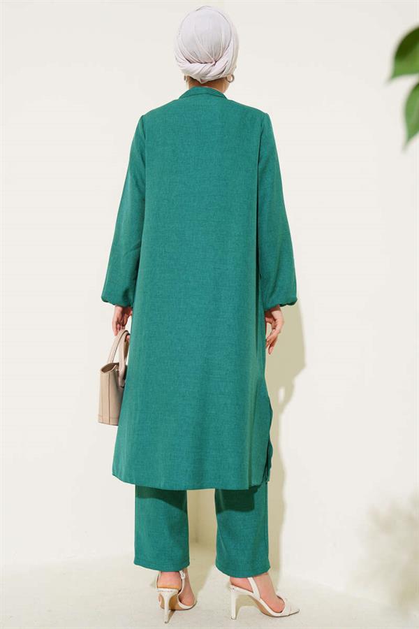 Long Tunic 2 Piece Set with Stone Detail on the Front Emerald