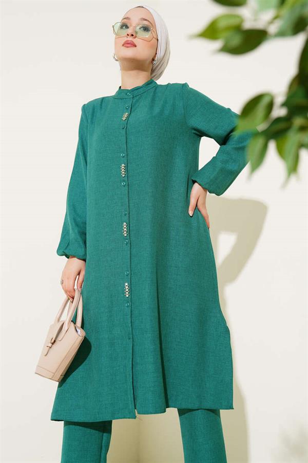 Long Tunic 2 Piece Set with Stone Detail on the Front Emerald