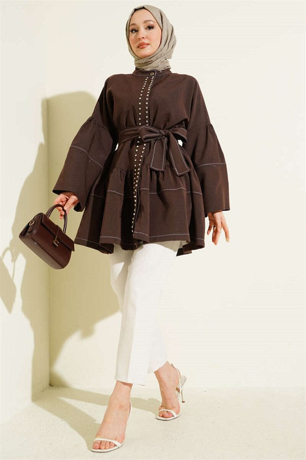 Stone-embellished hidden button tunic in brown.