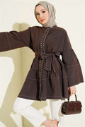 Stone-embellished hidden button tunic in brown.