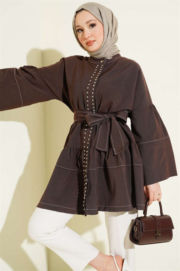 Stone-embellished hidden button tunic in brown.
