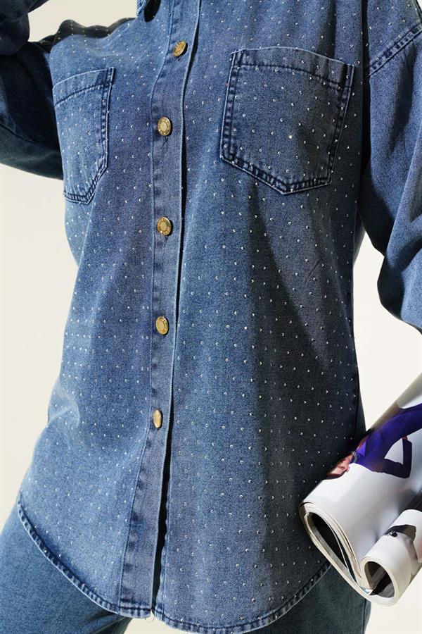 Front Stone Gold Buttoned Denim 2 Piece Set Blue