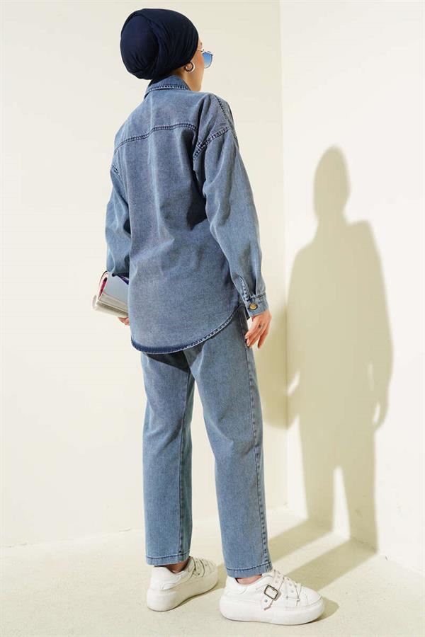 Front Stone Gold Buttoned Denim 2 Piece Set Blue