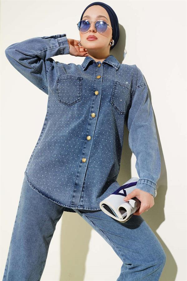 Front Stone Gold Buttoned Denim 2 Piece Set Blue