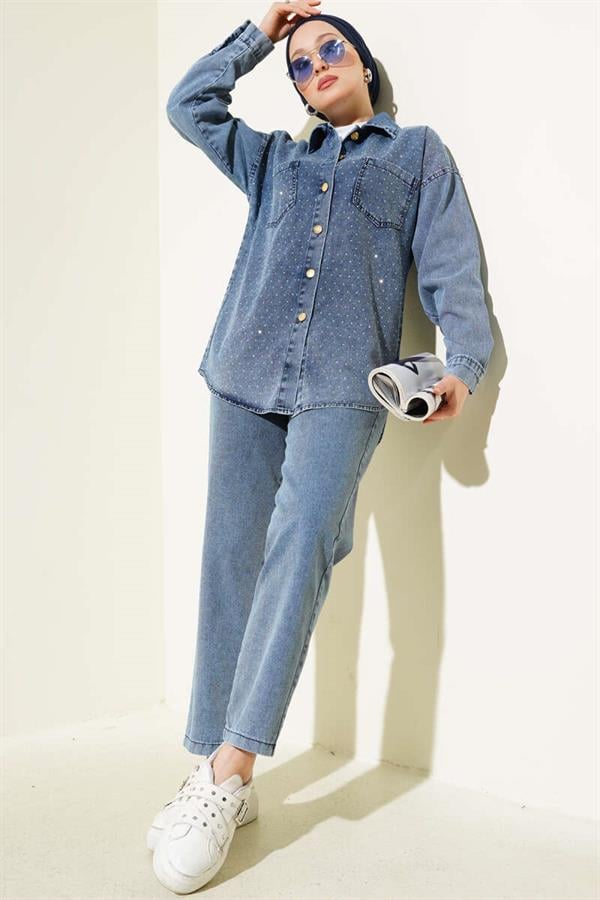 Front Stone Gold Buttoned Denim 2 Piece Set Blue
