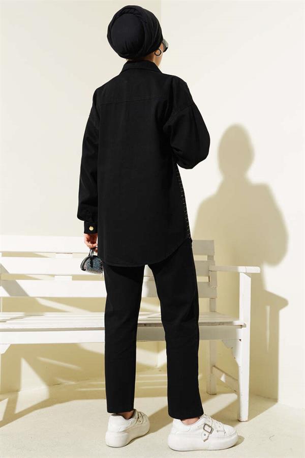 Front Stone Gold Buttoned Denim 2 Piece Set Black