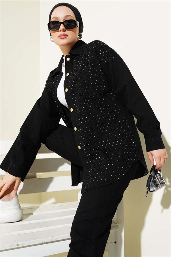 Front Stone Gold Buttoned Denim 2 Piece Set Black