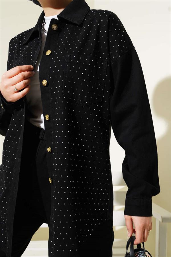 Front Stone Gold Buttoned Denim 2 Piece Set Black