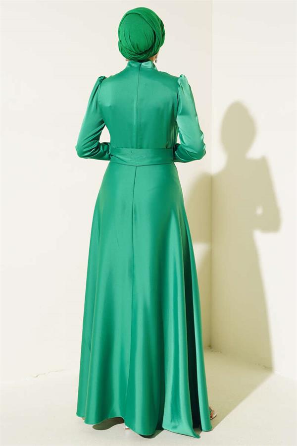 Front Stone Belted Satin Evening Dress Benetton