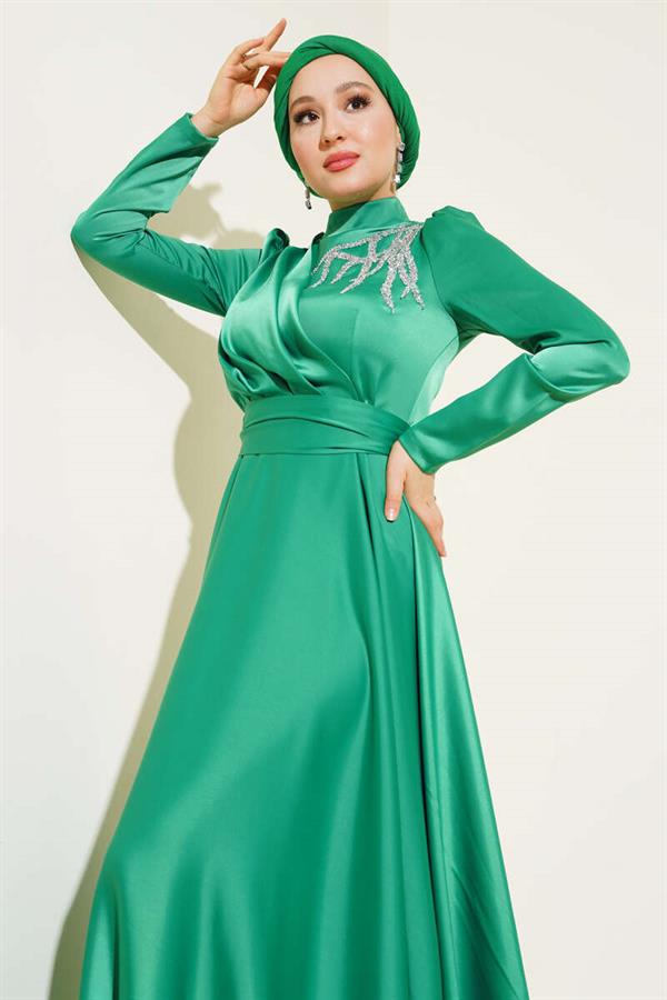 Front Stone Belted Satin Evening Dress Benetton