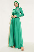 Front Stone Belted Satin Evening Dress Benetton
