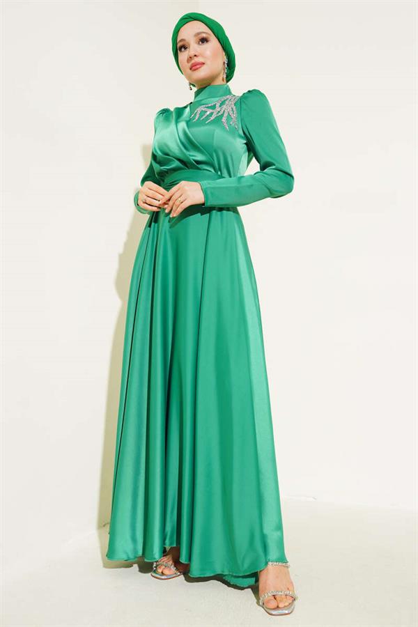 Front Stone Belted Satin Evening Dress Benetton