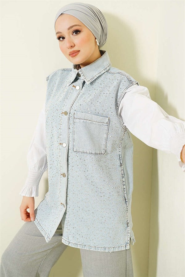 Denim Vest with Rhinestone and Metal Buttons on the Front, Light Snow