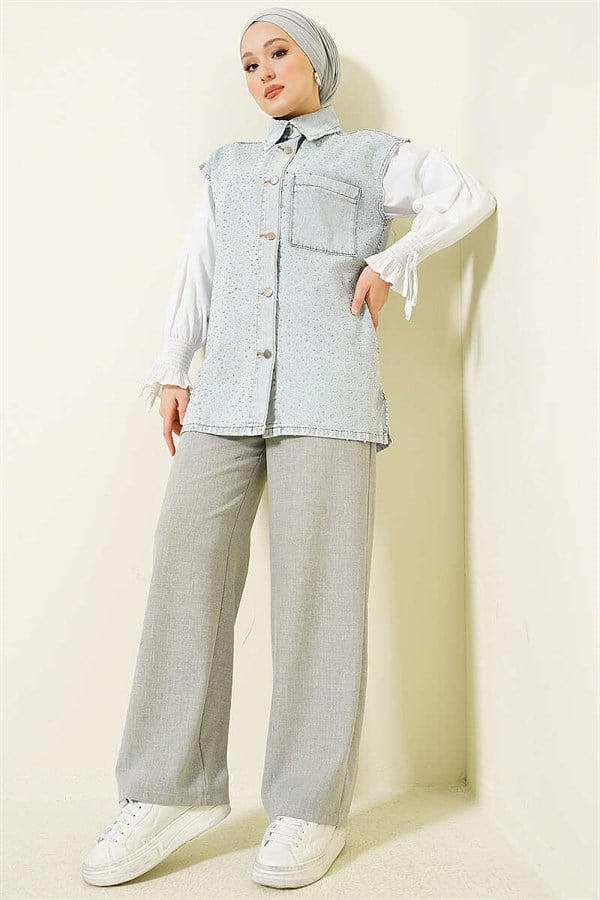 Denim Vest with Rhinestone and Metal Buttons on the Front, Light Snow