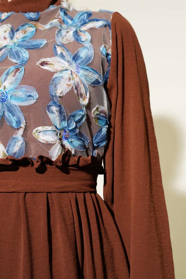 Front Tulle Floral Belted Dress Brown