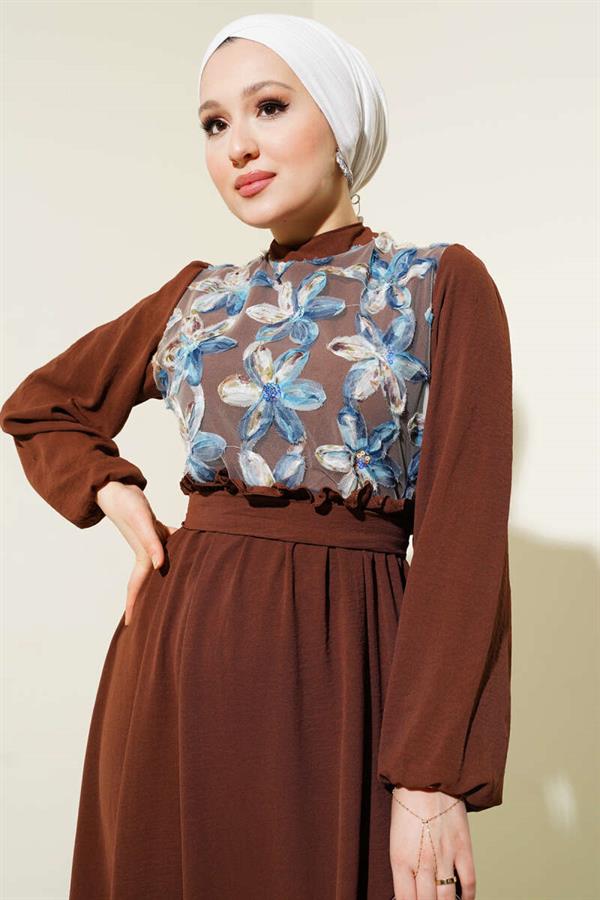 Front Tulle Floral Belted Dress Brown