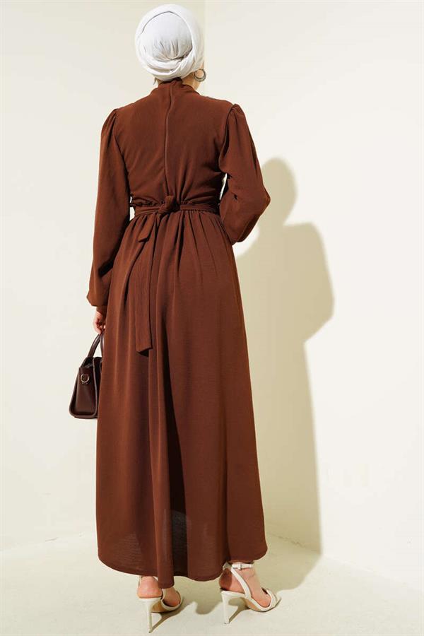 Front Tulle Floral Belted Dress Brown
