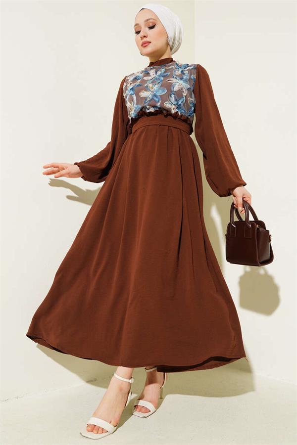 Front Tulle Floral Belted Dress Brown