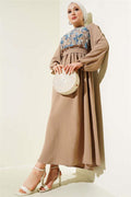 Front Tulle Floral Belted Dress Latte