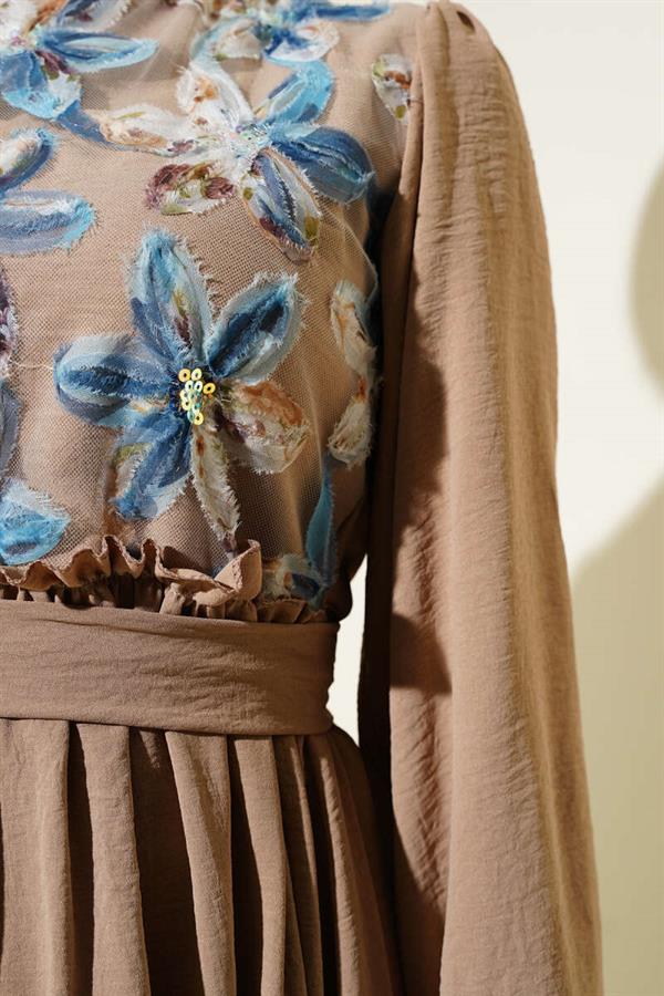 Front Tulle Floral Belted Dress Latte