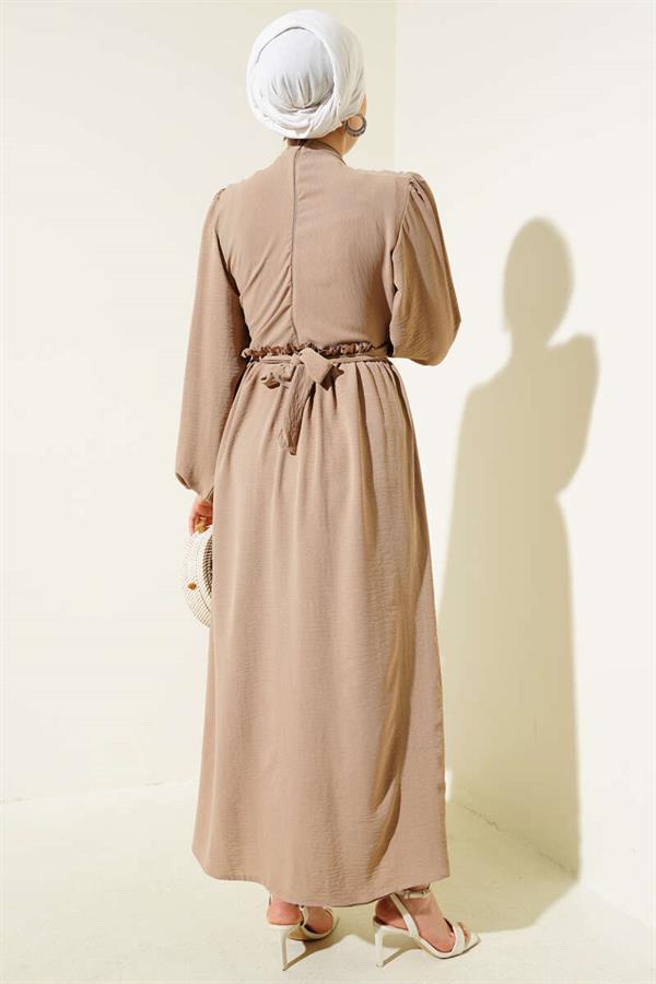 Front Tulle Floral Belted Dress Latte