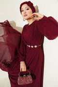 V-Front Pleated Belted Dress, Burgundy