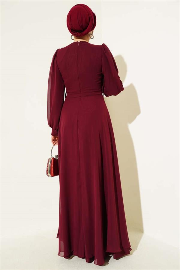 V-Front Pleated Belted Dress, Burgundy
