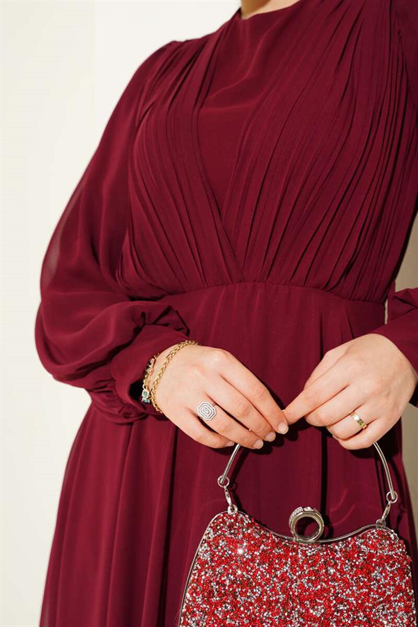 V-Front Pleated Belted Dress, Burgundy