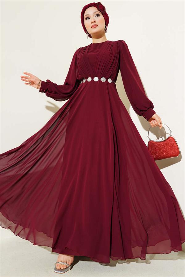 V-Front Pleated Belted Dress, Burgundy