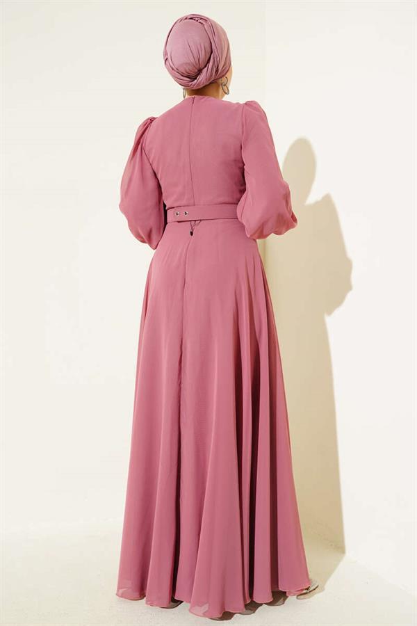 V-Front Pleated Belted Dress Dusty Rose