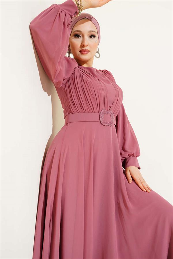 V-Front Pleated Belted Dress Dusty Rose