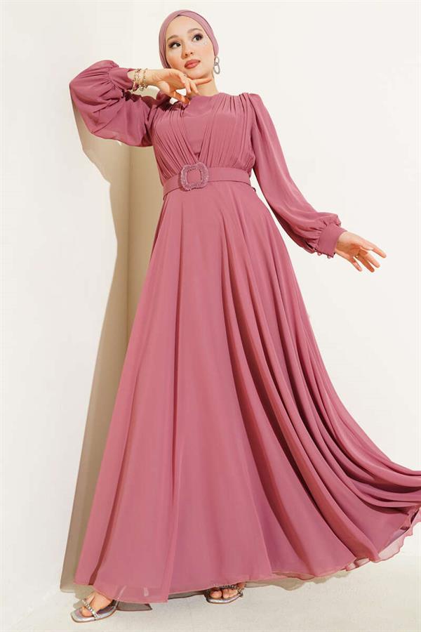 V-Front Pleated Belted Dress Dusty Rose