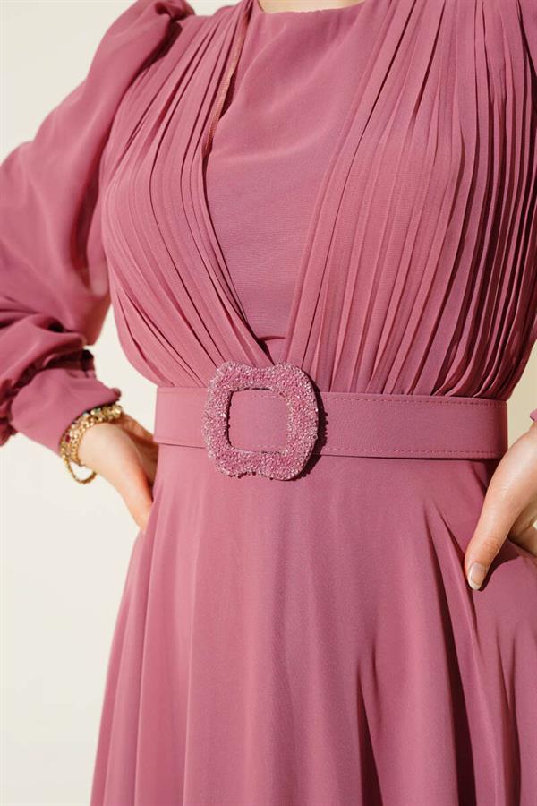 V-Front Pleated Belted Dress Dusty Rose