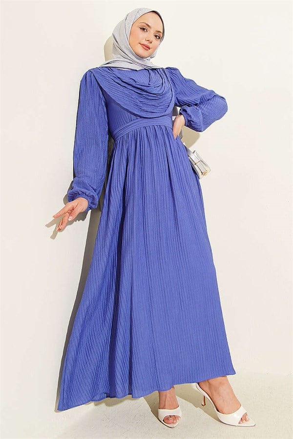 Front Ruffled Striped Embossed Dress, Blue
