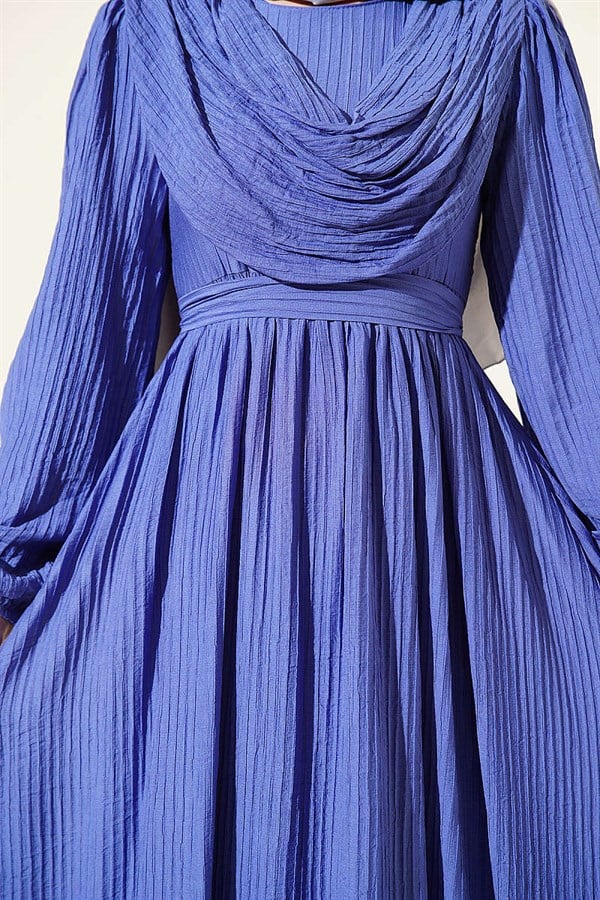 Front Ruffled Striped Embossed Dress, Blue