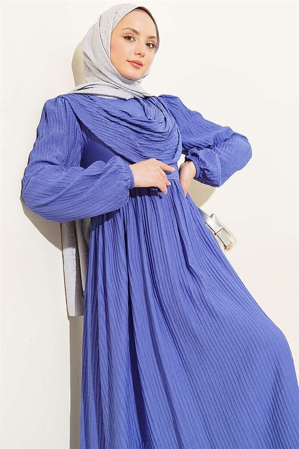 Front Ruffled Striped Embossed Dress, Blue