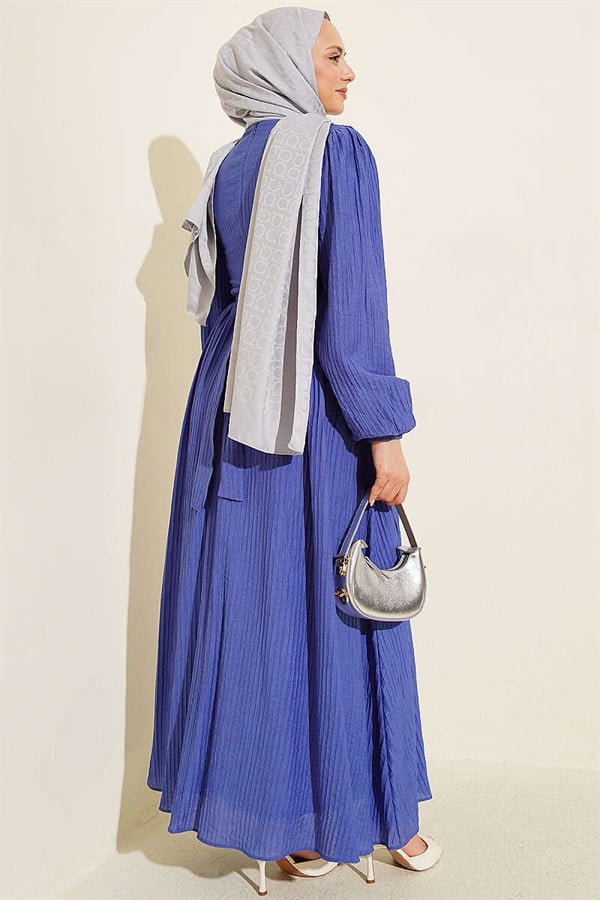 Front Ruffled Striped Embossed Dress, Blue