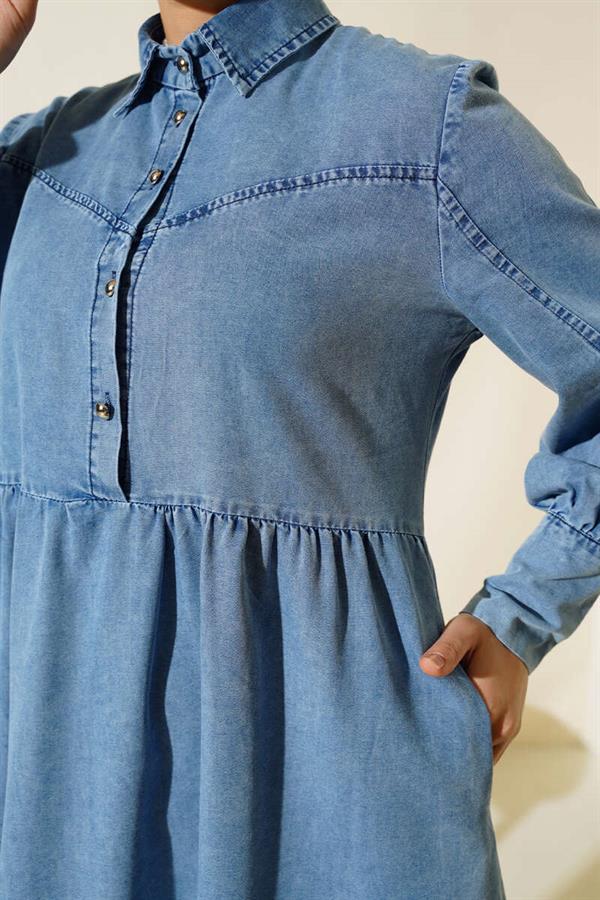 Half Button Front Denim Dress Denim Blue