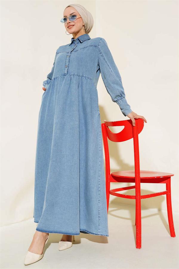 Half Button Front Denim Dress Denim Blue